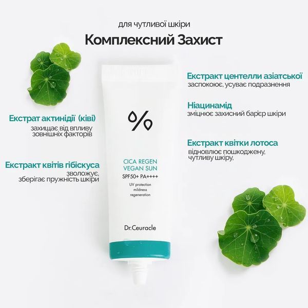 Dr.Ceuracle Cica Regen Vegan Sun SPF50+ PA++++ Сонцезахисний веганський крем з центелою азіатською, 50мл 1229 фото