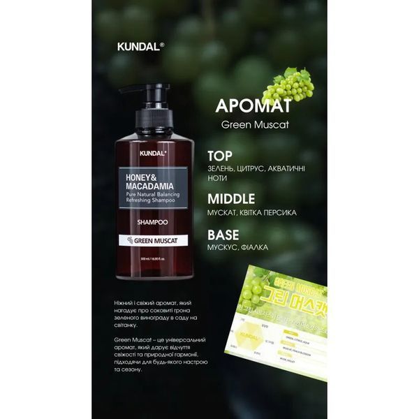 Kundal Honey & Macadamia Nature Shampoo Green Muscat Шампунь відновлювальний "Зелений виноград", 500мл 2382 фото
