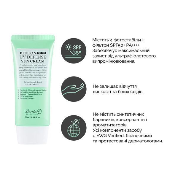 Benton Air Fit UV defense Sun Cream SPF50+/PA++++ Сонцезахисний крем з Центелою, 50мл 1150 фото