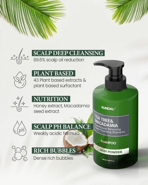 Kundal Tea Tree & Macadamia Deep Cleansing Shampoo Baby Powder Шампунь балансуючий "Дитяча Присипка", 500мл 2030 фото