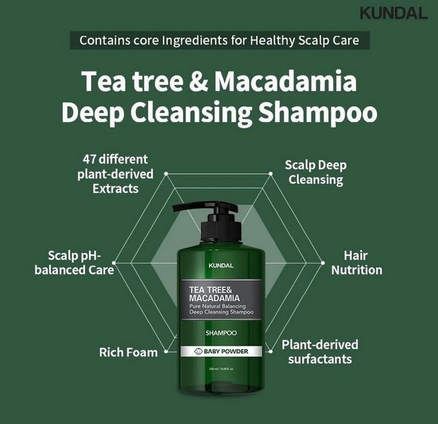 Kundal Tea Tree & Macadamia Deep Cleansing Shampoo Baby Powder Шампунь балансуючий "Дитяча Присипка", 500мл 2030 фото
